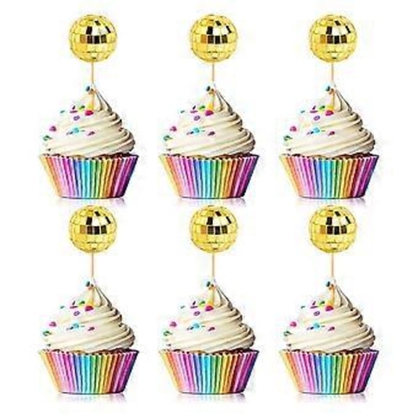 24 STK. Diskokugle Cupcake Toppers Diskokugle Cupcake Picks Reflekterende Spejlkugle Kage Toppers Disko Dekorationer Guld