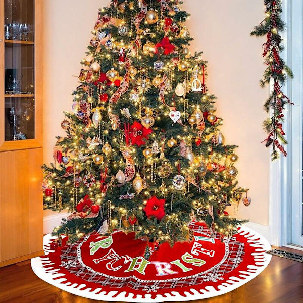 Juletræsskørt, 122cm/48“ Juletræstæppe med Ternet Træunderlag Juletræstæppe Rundt Juletræstæppe