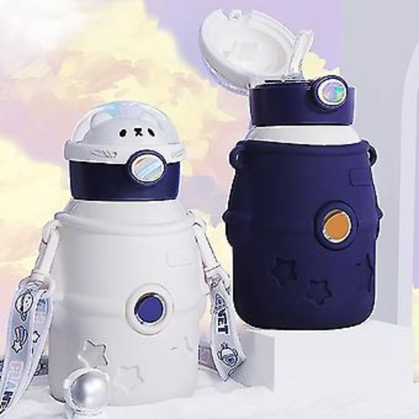 1 stk. Kawaii Vannflaske med Sugerør, 500ml Bærbar Rustfritt Stål Isolert Vannflaske med Klistremerke, Stor Søt Astronaut Bjørn Vann