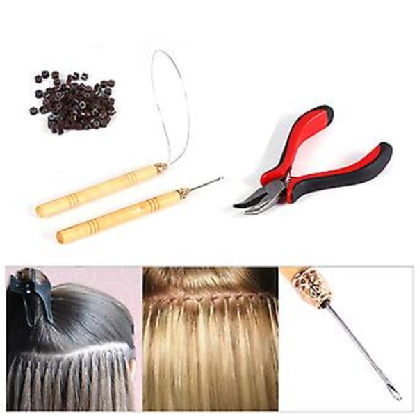 100 st Silikonpärlor Hårförlängning Micro Rings Krok Nål Dragögla Tång Verktygssats