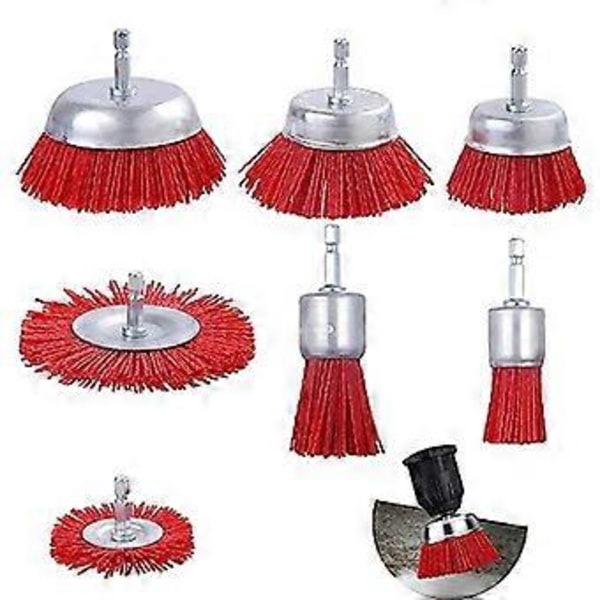 7 kpl Nylon Filament Hiomaharja Pyörö- ja Kuppiharjasetti 1/4 tuuman kuusiokannalla, Nylonsetti