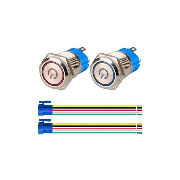 2 kpl Latching-painiketta 1NO1NC vedenpitävä ruostumaton teräs 220V-230V/5A LED-valokytkin virtapistokkeella sopii 16 mm:n asennusreikään (sininen + punainen)