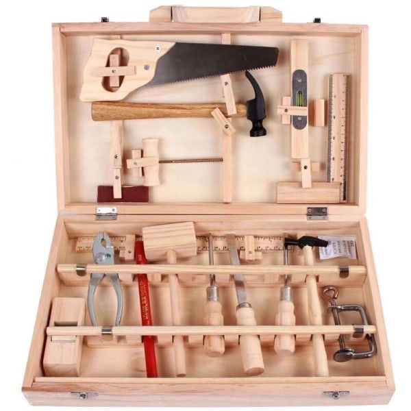 Børneværktøjssæt Tømrervedligeholdelse Værktøjskasse Ægte værktøj Demontering og montering Multifunktionel træbearbejdningskasse 16 stykker-Fei Yu