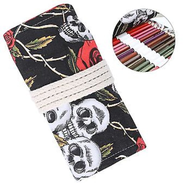 Pencil Roll Canvas 48 Hull Håndlaget Maleri Penn Oppbevaringspose Skrivesaker Kunstutstyr (Skull Rose Pattern)