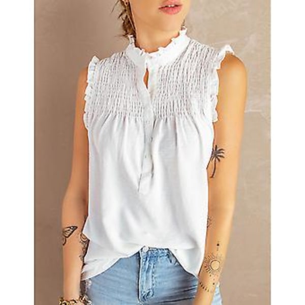 Dame Sommer Tank Top Casual Ermeløs Polyester Skjorter Maskinvaskbar Knappehals Vest Hvit XXL