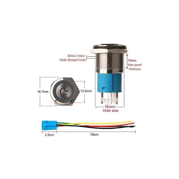 2 kpl Latching-painiketta 1NO1NC vedenpitävä ruostumaton teräs 220V-230V/5A LED-valokytkin virtapistokkeella sopii 16 mm:n asennusreikään (sininen + punainen)