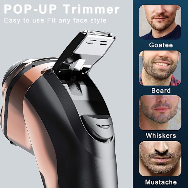 Elektrisk barbermaskine til mænd - roterende barbermaskiner med pop-up sideburns trimmer - vandtæt våd/tør trådløs genopladelig