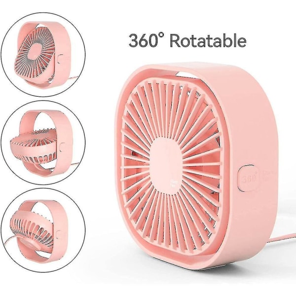 3 hastigheder bærbar bordventilator, lille køleventilator med USB-stik, pink