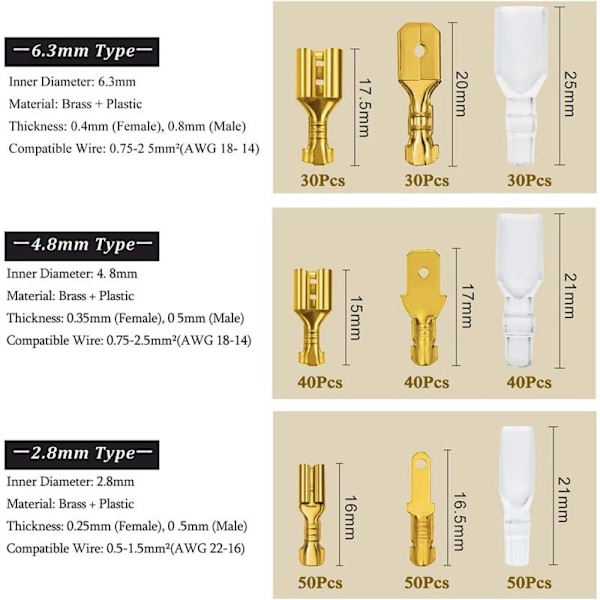 480 stk flate stikkontakter, 2,8 mm 4,8 mm 6,3 mm hann-hunn flate pluggterminal spade kabelterminaler med isolerende hylse assortert sett (gull)