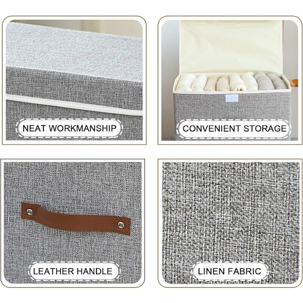 3-pack förvaringslådor med lock hopfällbara linnetyg förvaringskorgar för handdukar, böcker, leksaker, kläder etc. (grå, 38x25x25cm)