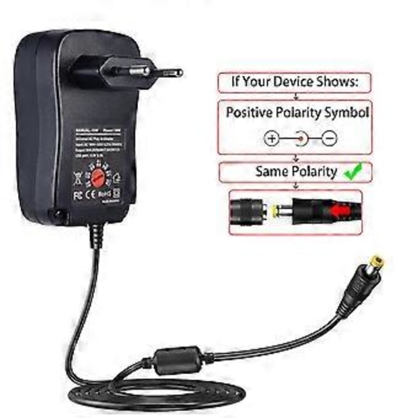 Universell AC-adapter 3V 4.5V 5V 6V 7.5V 9V 12V 2A 2.5A DC Strömförsörjningstransformator med 8 adaptrar för LED-hushållselektronik.