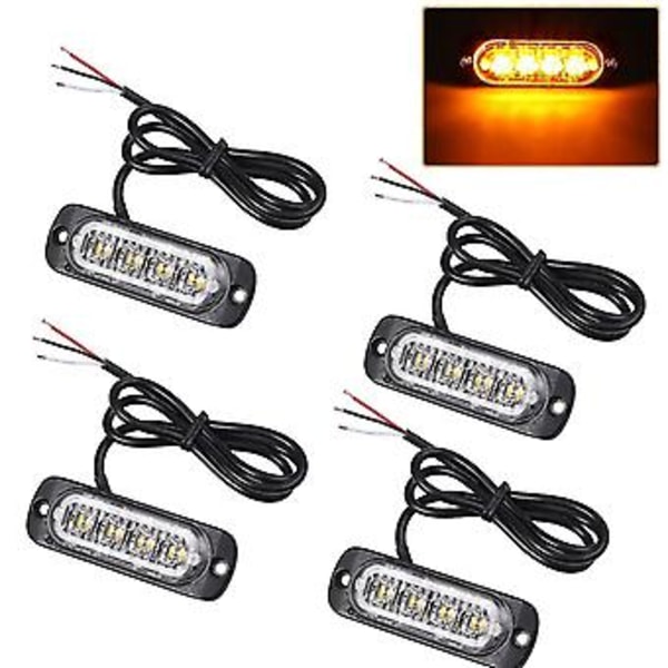 4 stk. 4 LED Amber Recovery Strobelys 12v 24v Oransje Grill Havari Blinkende