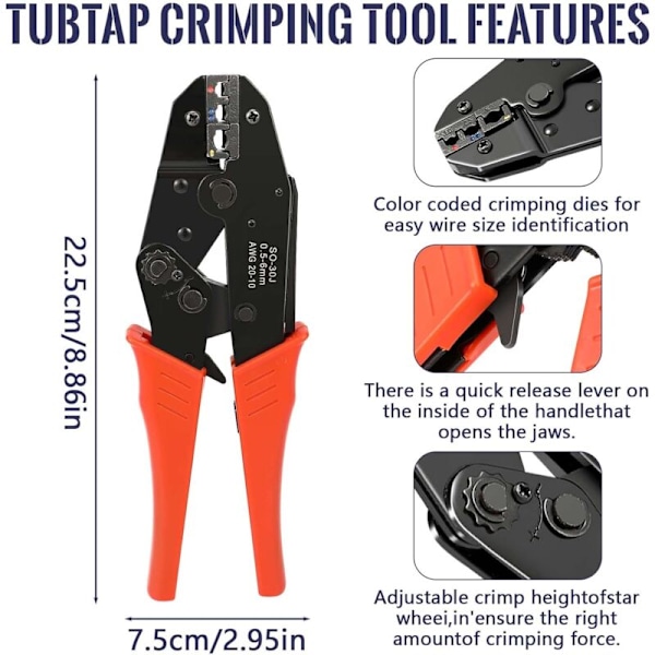 Krympeverktøy, 700 isolerte deler av AWG20-10 (0,5-1,5 mm²) (1,5-2,5 mm²) (4-6 mm²) Skralle-krympeverktøy for forhåndsinstallerte terminaler med 700 stk,