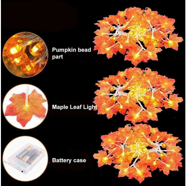 Ahornblad græskar lyskæde, 10 LED efterårsblade fe lys Thanksgiving ahornblade græskar batteridrevet til udendørs hjem fest