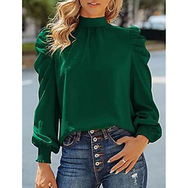 Dame Lang Puff Erme Topper Skjorte Moderne Elegant Løs Casual Ren Farge Høy Hals Bluse for Arbeid Grønn XL