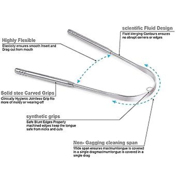 Ruostumattomasta teräksestä valmistettu kielikaavin, kielipuhdistaja raikastaa hengityksen ja palauttaa maun, U-muoto