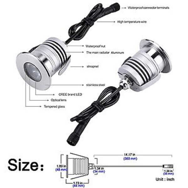 Led-upotettavat allasvalot, 3 W, 12 V–24 V DC, IP68-vedenpitävä, ruostumatonta terästä ja alumiinia, maanpäällisiin uima-altaisiin, portaisiin, lampiin, suihkulähteisiin ja veneisiin (sininen)