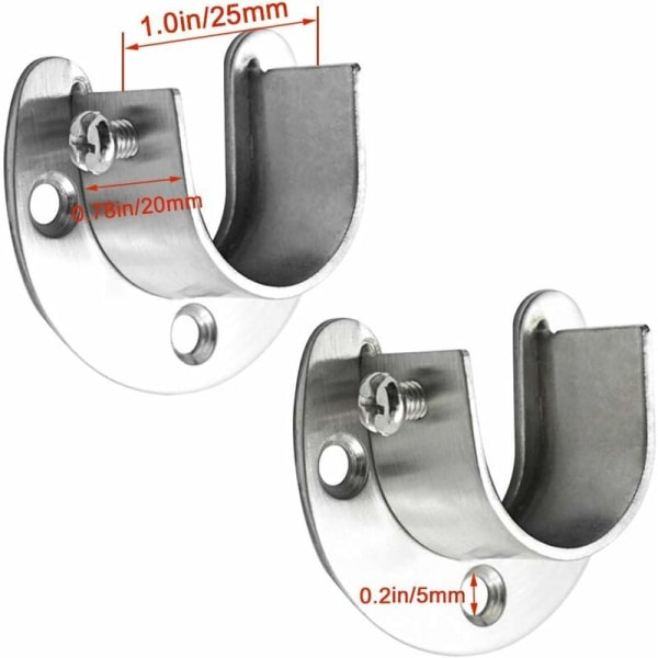 Rustfrie stålgarderobe stangsokler, 2 stk. Heavy Duty garderobe stang ende støtte flens stang brakett med skruer, U-formet, enkel installasjon