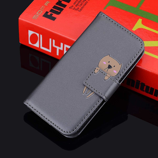 Telefonfodral för iPhone 11, tecknad katt djur mönster mobiltelefonfodral läder flipfodral med kortplatser + stativ (grå)