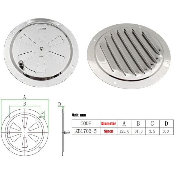 Pyöreä tuuletusritilä, säädettävä pyöreä tuuletusritilä, 2 kpl 125 mm pyöreä tuuletusritilä valmistettu 316 ruostumattomasta teräksestä - hopea