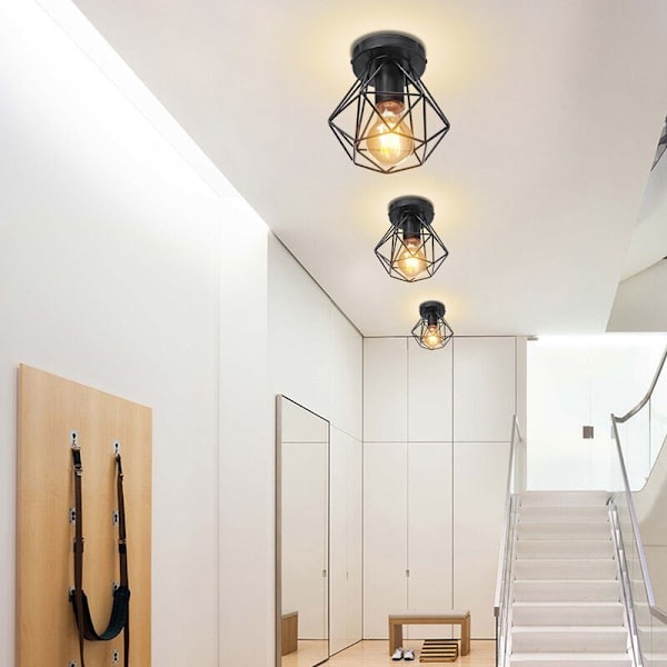 2 stk. Retro loftslampe i metal, geometrisk bur, loftslampe til indendørs brug, sort hængelampe