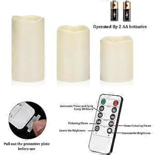Flamlösa Ljus 4IN 5IN 6NI Set med 3 Utomhus Inomhus Pelare 3IN Diameter Batteridrivna Flimrande Ljus Fjärrkontroll