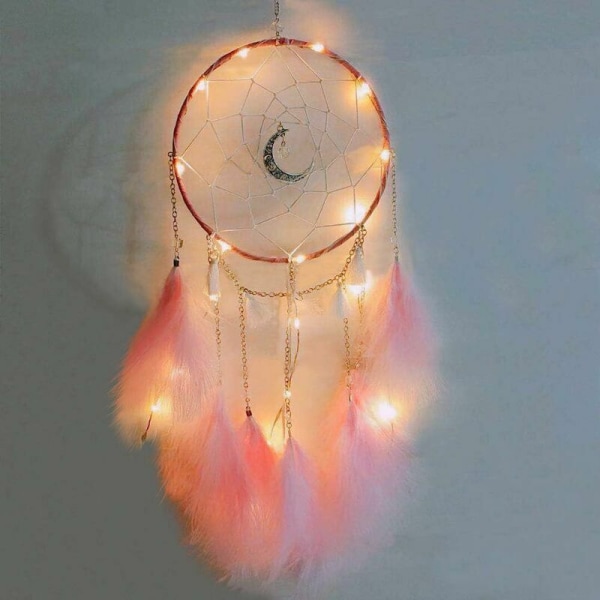 Unelma-amuletit LED-valolla, käsintehty unelma-amuletit höyhenillä, romanttinen tytön huoneen sisustus, seinäkoristeisiin (vaaleanpunainen)