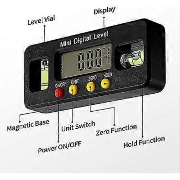 Elektronisk vaterpas, digital vinkelmåler, med display, med magnetisk base, høj nøjagtighed, med aflæsningshold-display og flip-funktion. Hy