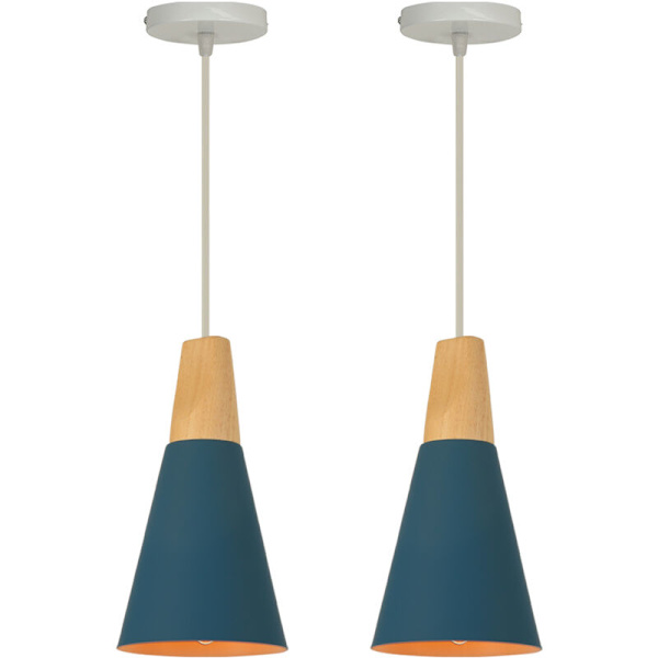 Moderne enkel loftslampe i metal og træ, justerbar DIY-pendellampe, 2 stk., mørkeblå