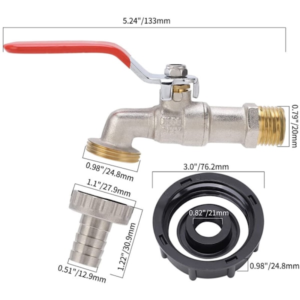 IBC-säiliösovitin, 1/2 tuuman vuototiivis messinkihana, karkea kierre 275-330 gallonan vesisäiliölle, puutarhaletkun liitin