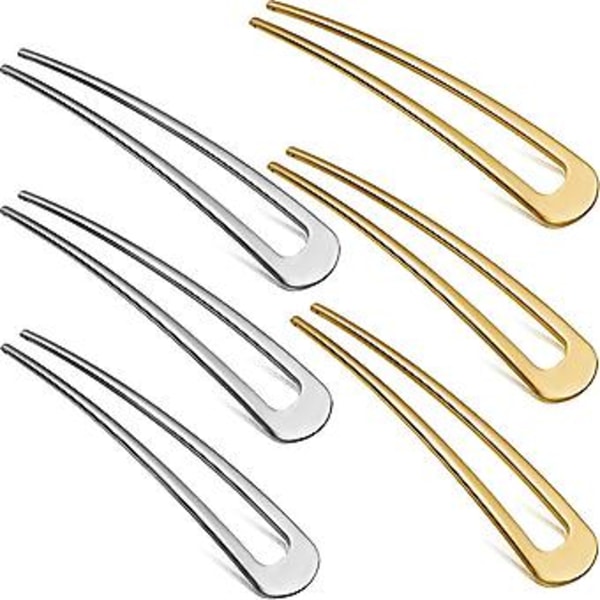 6 stycken Metall U-formade Hårnålar Enkel Gaffel Pinnar Fransk Hårnål (guld+silver)(h-4)