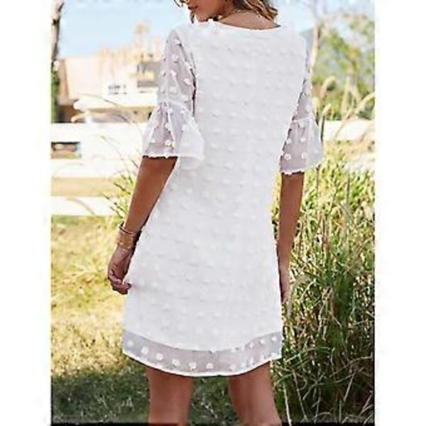 Elegant Vit Prickig Chiffongklänning - V-ringad Volangärm A-linje Sommar Mode, L
