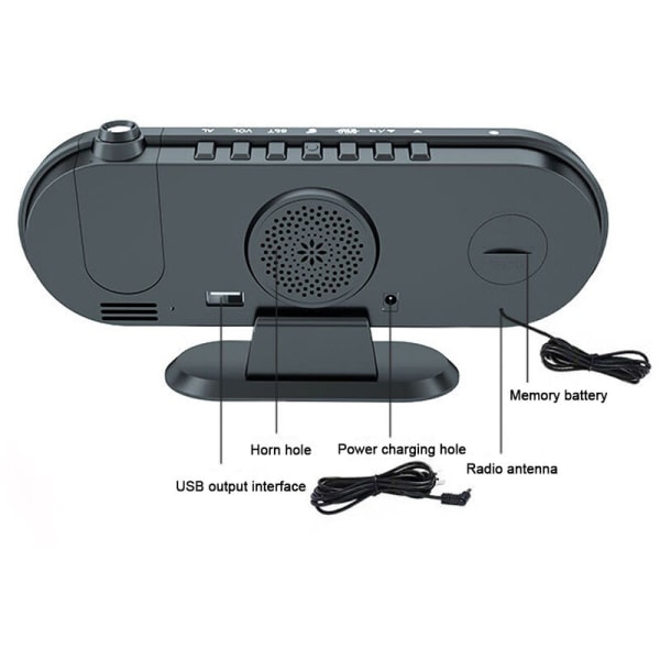 Projektor Digital Vekkerklokke, LED Speil Nattbordsklokker Radio med 180° Projektor, Doble Alarmer, USB Lader, 12/24Hr, Snooze Modell, Radioklokke