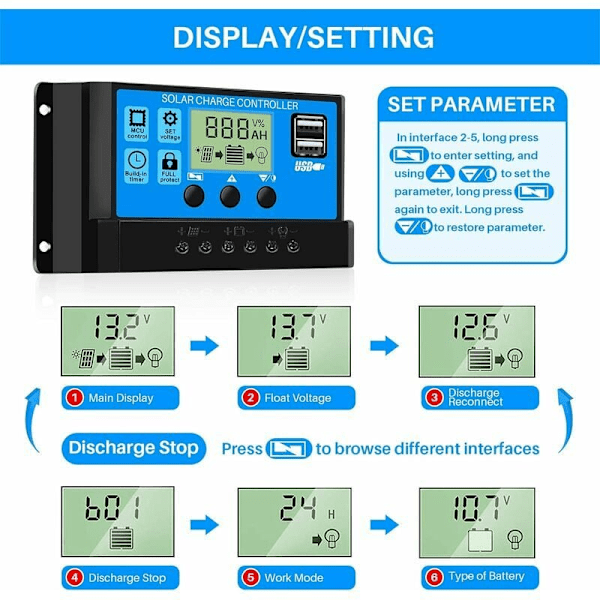 30A 12V/24V Älykäs aurinkopaneelin lataussäädin 5V kaksois-USB-portin LCD-näytöllä (30A)