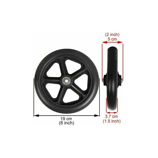 8 tommers forhjul, 2 stk rullestol reservehjul, sklisikre solide dekk, 190 mm grå i svart, hjul til rullestoler, rullatorer, gåstoler (svart)
