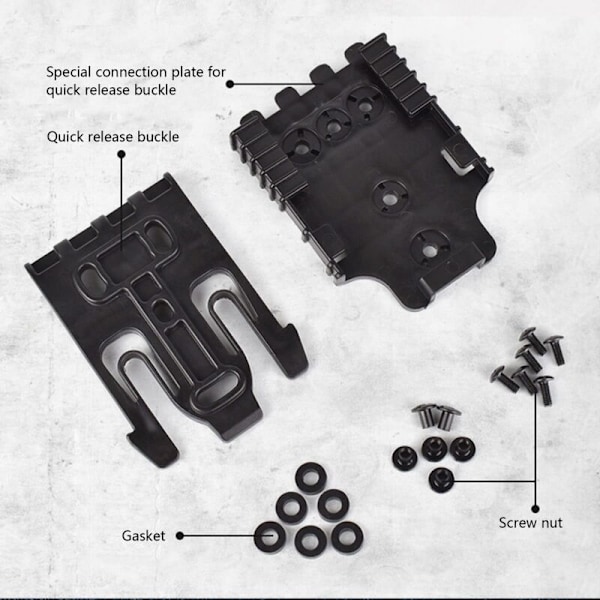 Pikakiinnitysjärjestelmä, taktinen lisävarustelukon solki ja musta nylonvastaanotinlevy vyölle, liiville ja reisilaukulle (11 x 8 cm)