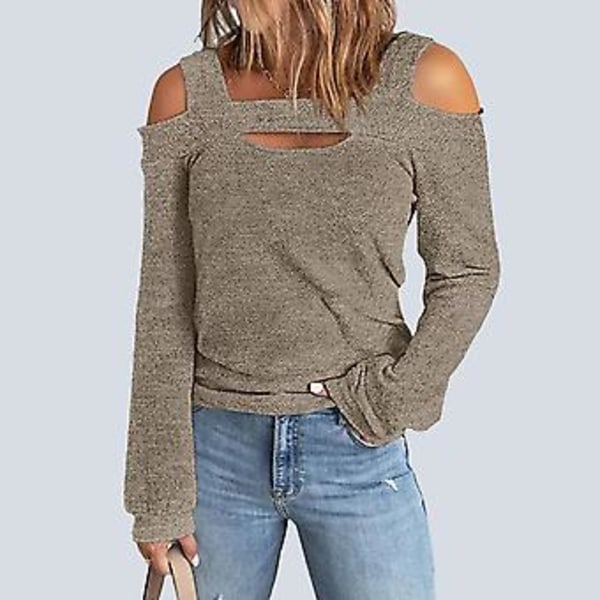 Dame Cold Shoulder Top Udskåret Design Ensfarvet Moderigtig Langærmet Bluse til Hjemme Shopping Khaki L