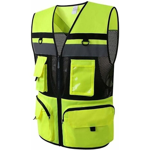 Reflective Safety Vest with Pockets Multi-pocket Reflective Safety Vest for Contractor, Orange/Yellow Vest,Green,L