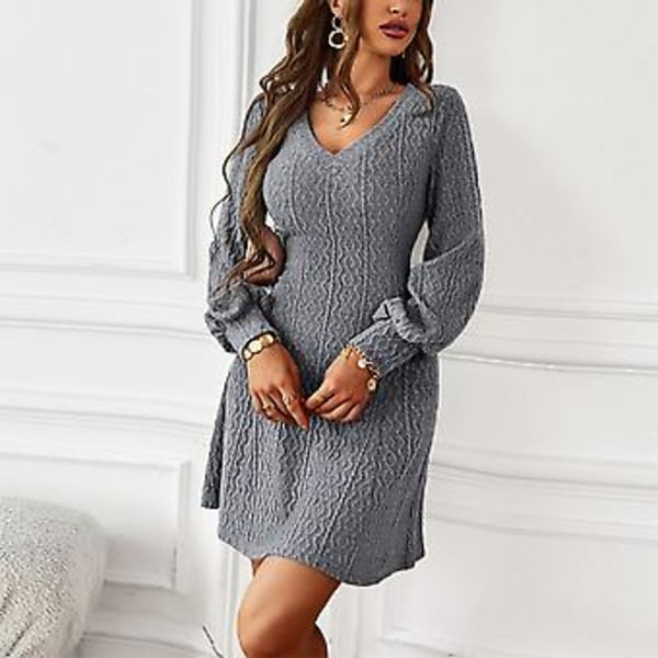 V-hals Strik Langærmet Kjole Moderigtig Elegant Klassisk Talje Slim Fit Dame Sweater Kjole til Efterår Vinter Mørkegrå S