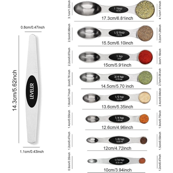 Magneettiset mittalusikat tasoittimella, ruostumattomasta teräksestä valmistetut pinottavat ruokalusikat leivontaan, mahtuu maustepurkkeihin, keittiövälineet kaksipuoliset