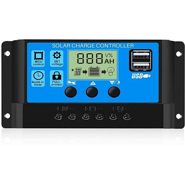 30A 12V/24V Intelligent Batteri Solpanel Ladningsregulator med 5V Dobbelt USB Port LCD Display (30A)