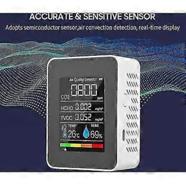 Fem-i-en Gasdetektor med LCD Digital Färgskärm Koldioxid Detektor (inbyggt Batteri), Vit (hölje med sneda hål och Rando