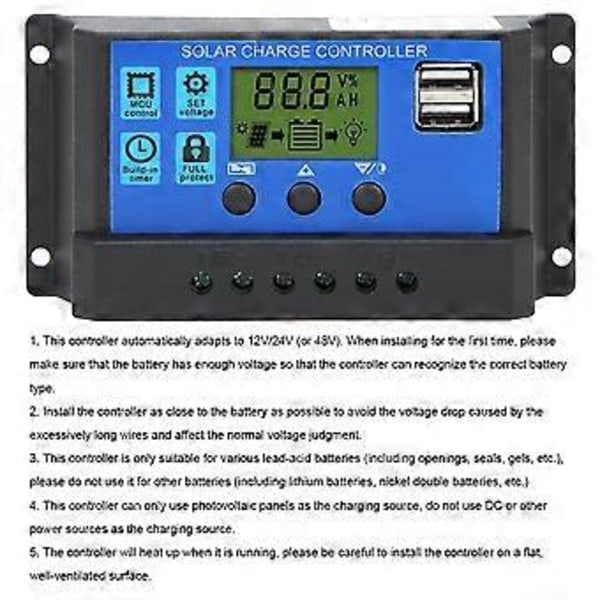 Aurinkopaneeliohjain LCD-näyttö Akun latauksen ohjaus Kaksois-USB-ulostulo 12V/24V 30A
