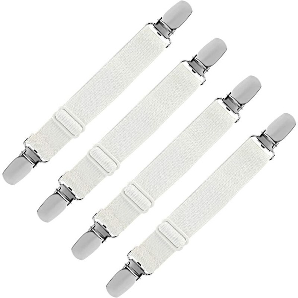 Elastisk lakansträckare, justerbar fästrem för lakan, soffa, strykjärnsöverdrag (vit, 4-pack)