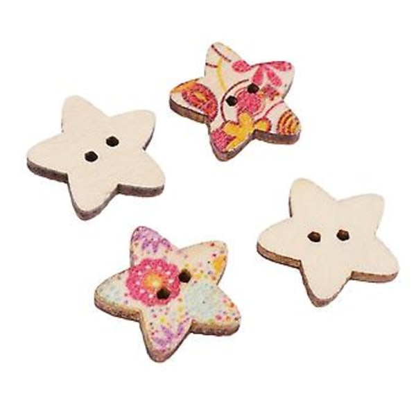 50 stk. 2 Hull Fargerike Tresømknapper for Scrapbooking (stjerne)