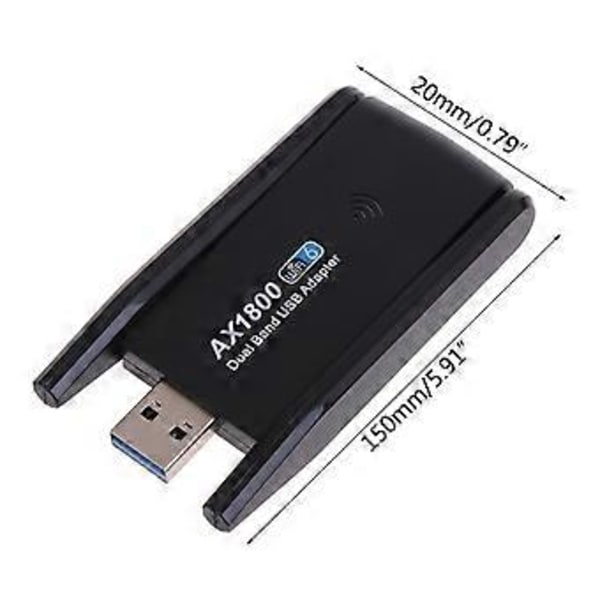 1800M USB WIFI 6 -sovitin, kaksoisantenni, verkkokortti AX1800, kaksitaajuuksinen 2.4/5 GHz WiFi-sovitin WIFI6 PC-tietokoneille, kannettaville ja tableteille