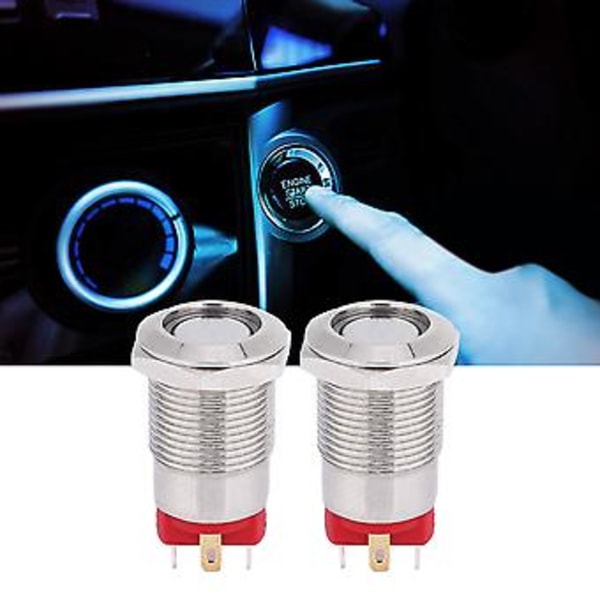 2 st 12mm 4-stifts Självlåsande Metallknappsbrytare med LED-ljus IP66 IK09 (Grön 9~30V)