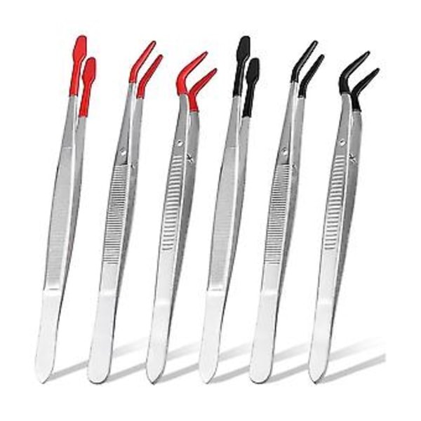 6 st Rostfria Pincetter med Gummispetsar, PVC-belagda Plattspetspincetter Böjda S Armbåge T
