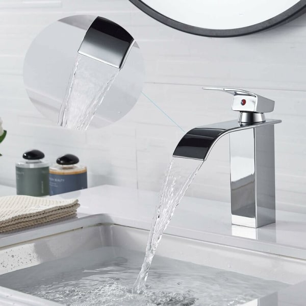 Moderne badeværelsesarmatur, elegant design vandfald håndvaskarmatur, messing badeværelsesblanderhane, varmt og koldt vand tilgængeligt