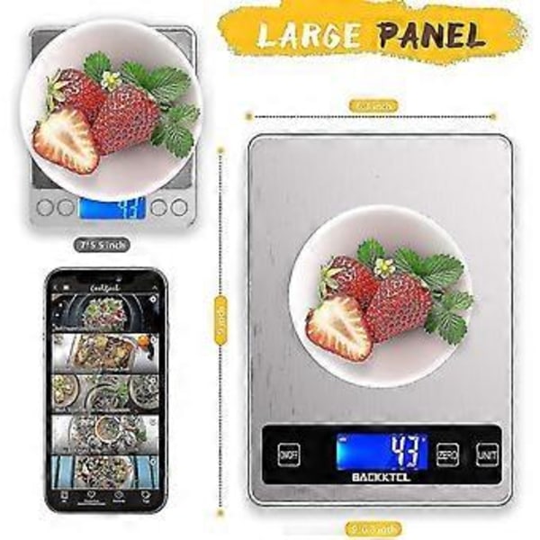 Digital Köksvåg för Mat, 10 kg Vikt Multifunktionell Våg Mäter i Gram och Uns för Matlagning Bakning, 1g/0.1oz Exakt Gradering, Rostfritt Stål